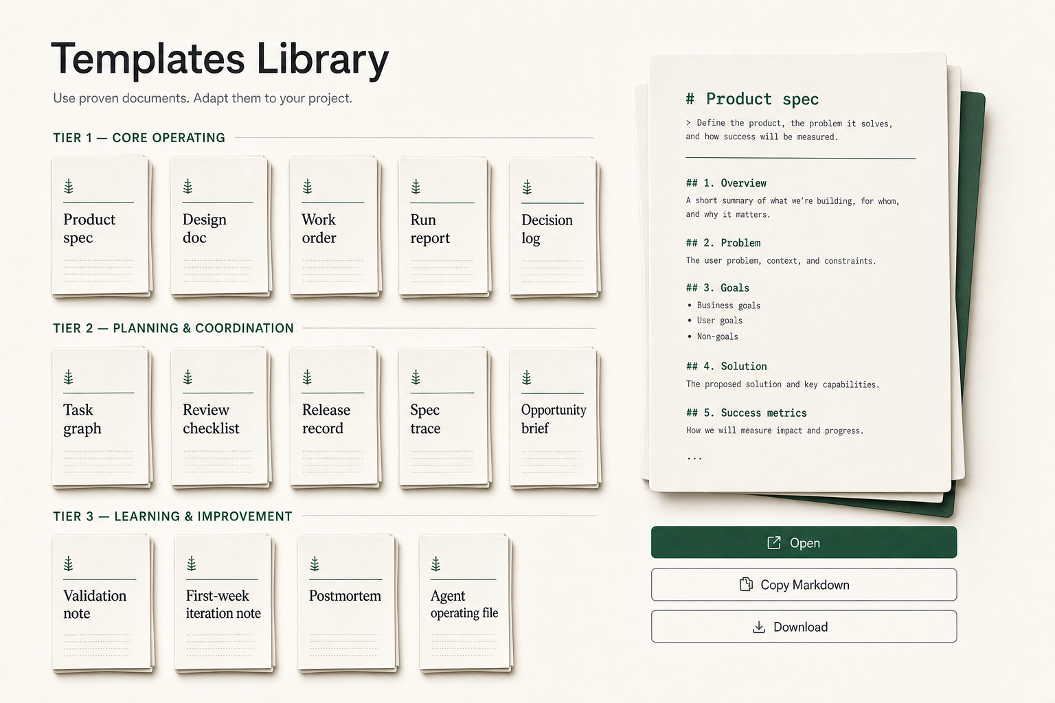 Operating Spine public template library with tiered document cards and selected template preview.
